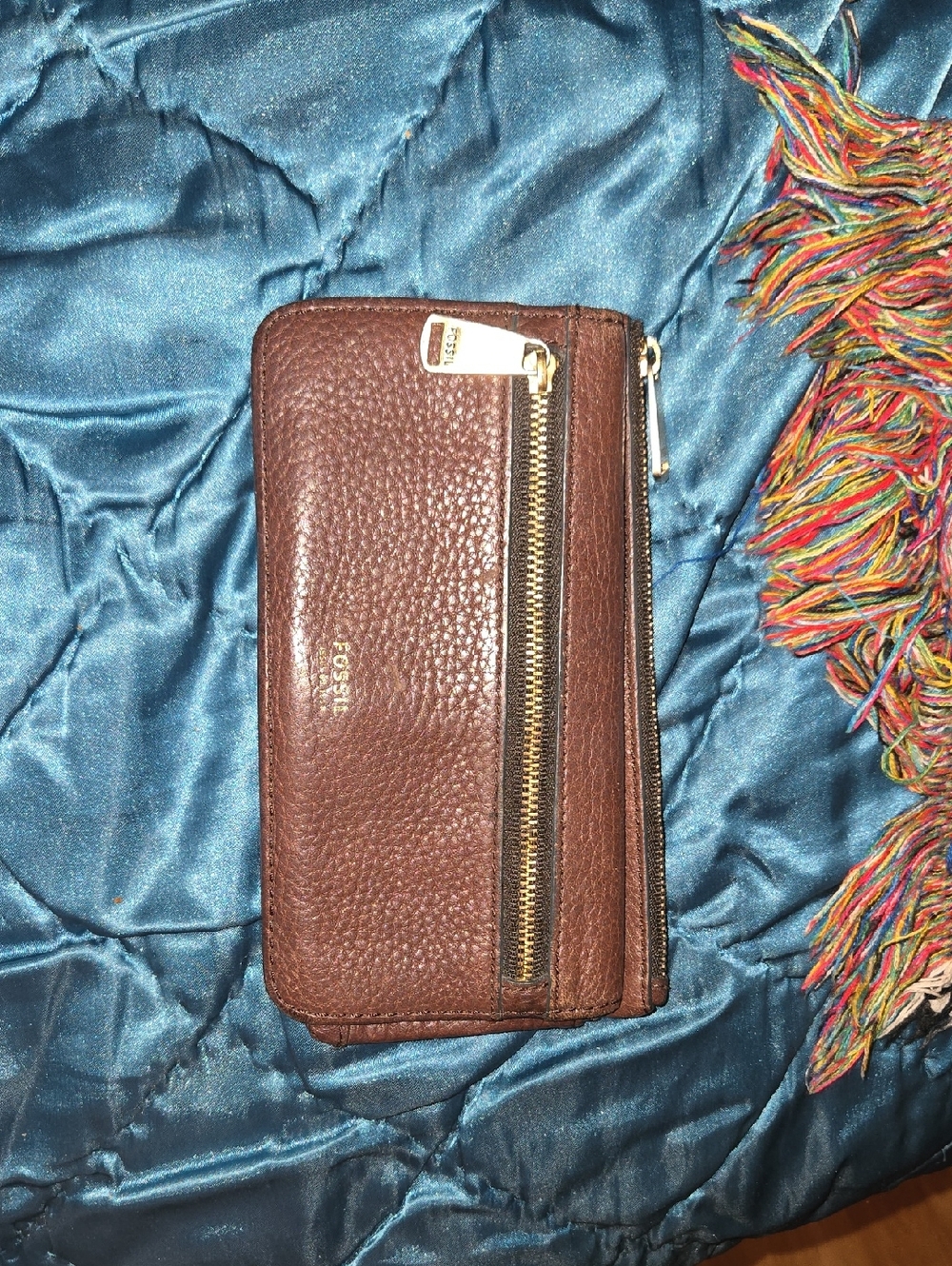 Fossil Brown Pebbled Leather Zip-Around Wallet with Gold Zipper